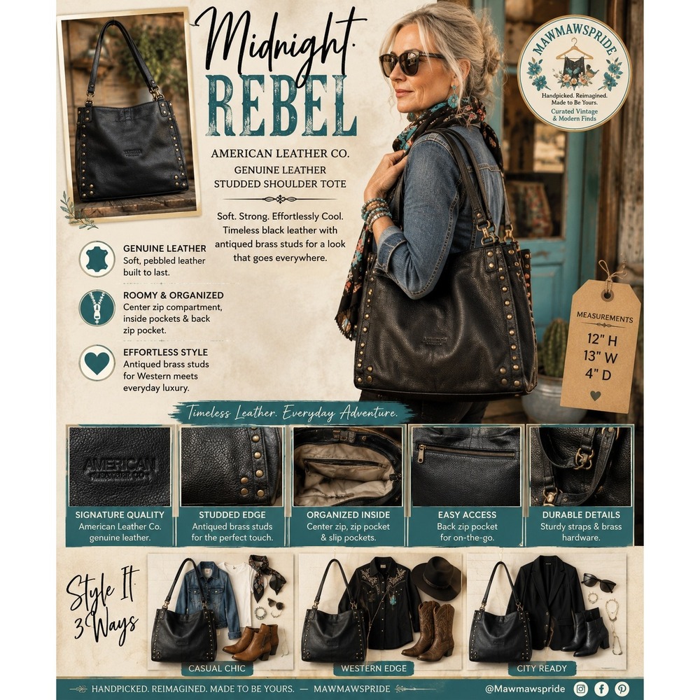 American Leather Co Midnight Rebel Black Studded Leather Shoulder Tote Bag Purse